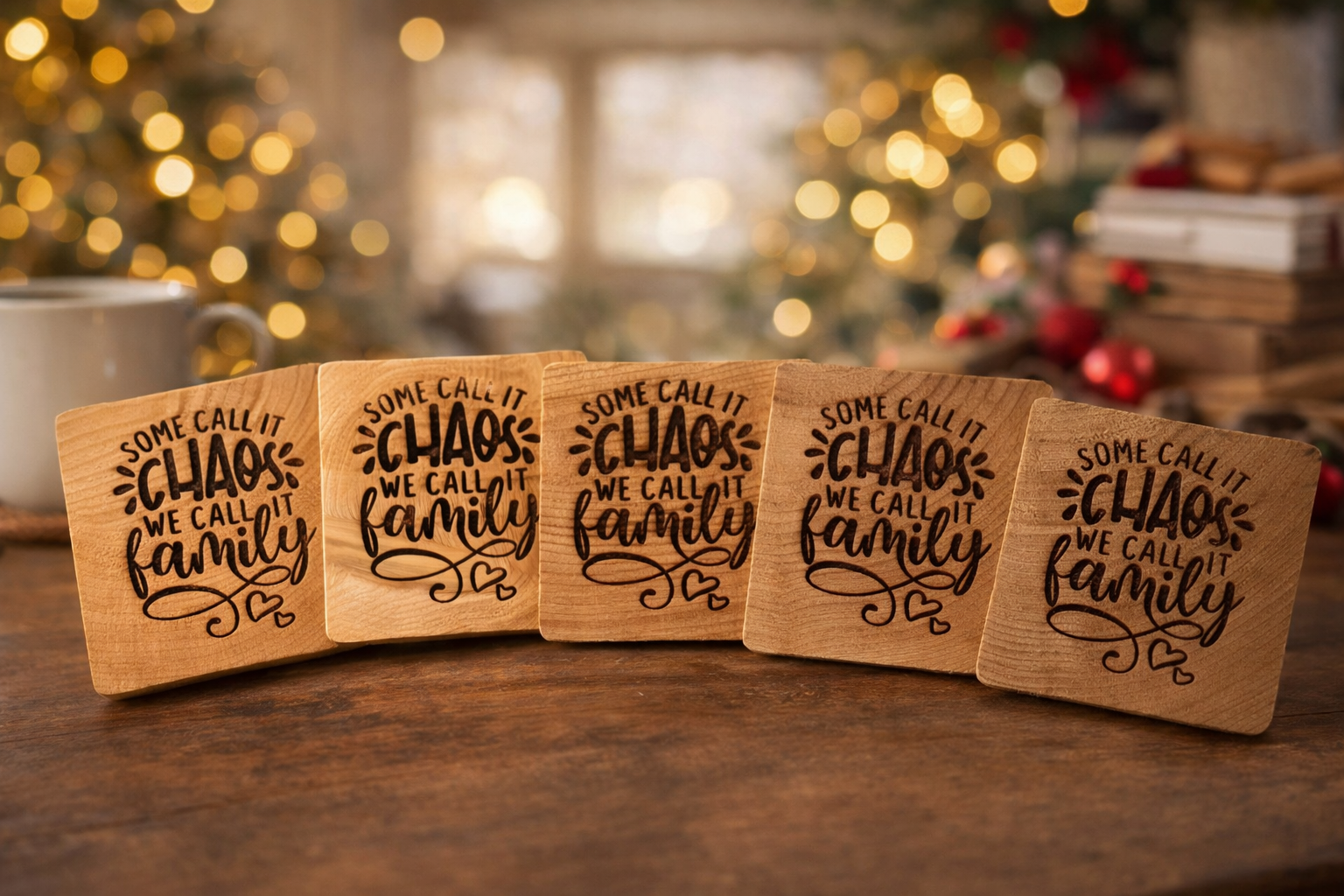 Engraved Family Chaos Wood Coaster