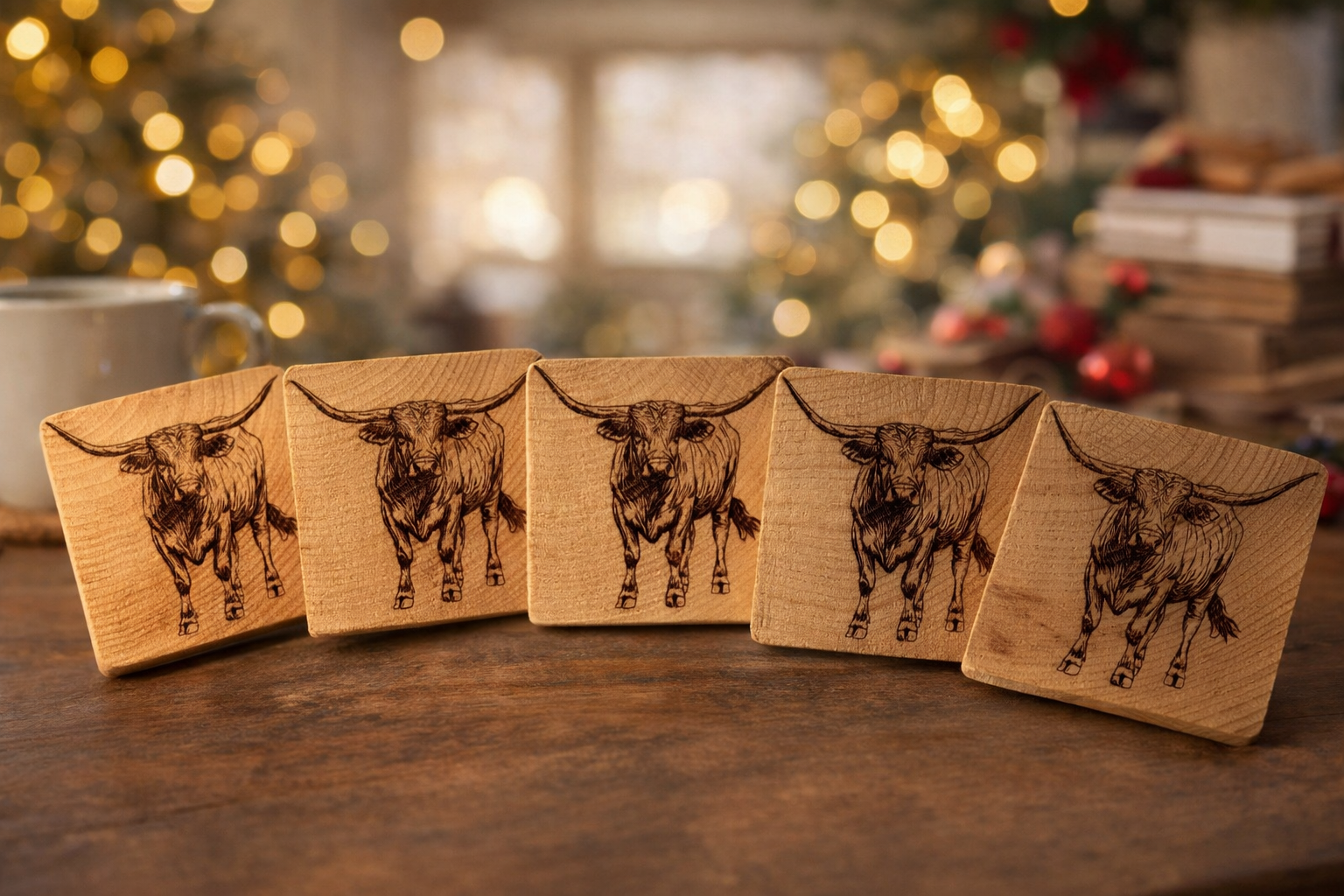 Engraved Longhorn Wood Coaster